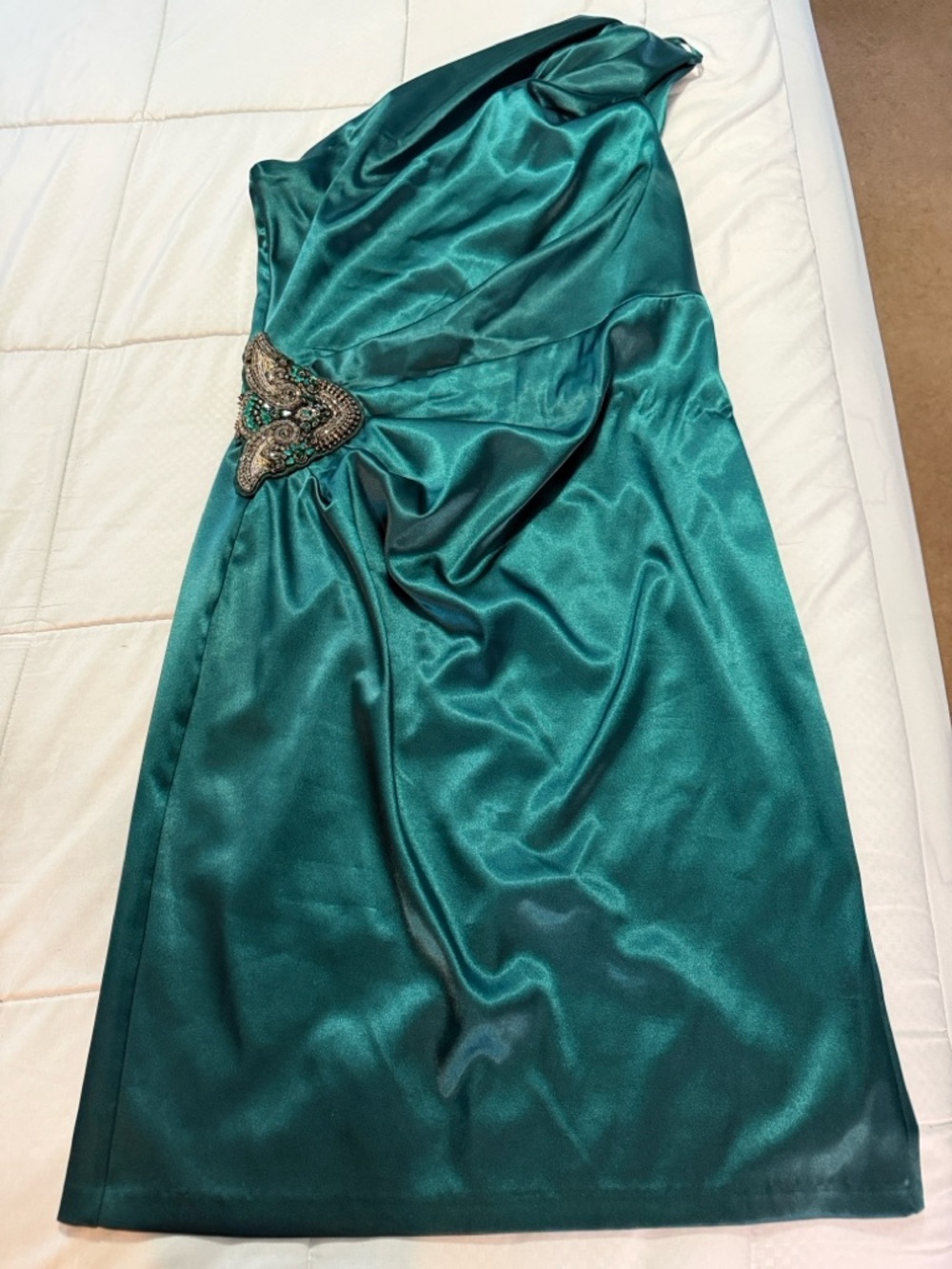 Eliza J One-Shoulder Teal Sheath Dress with Side Embellishment - Picture 3 of 3
